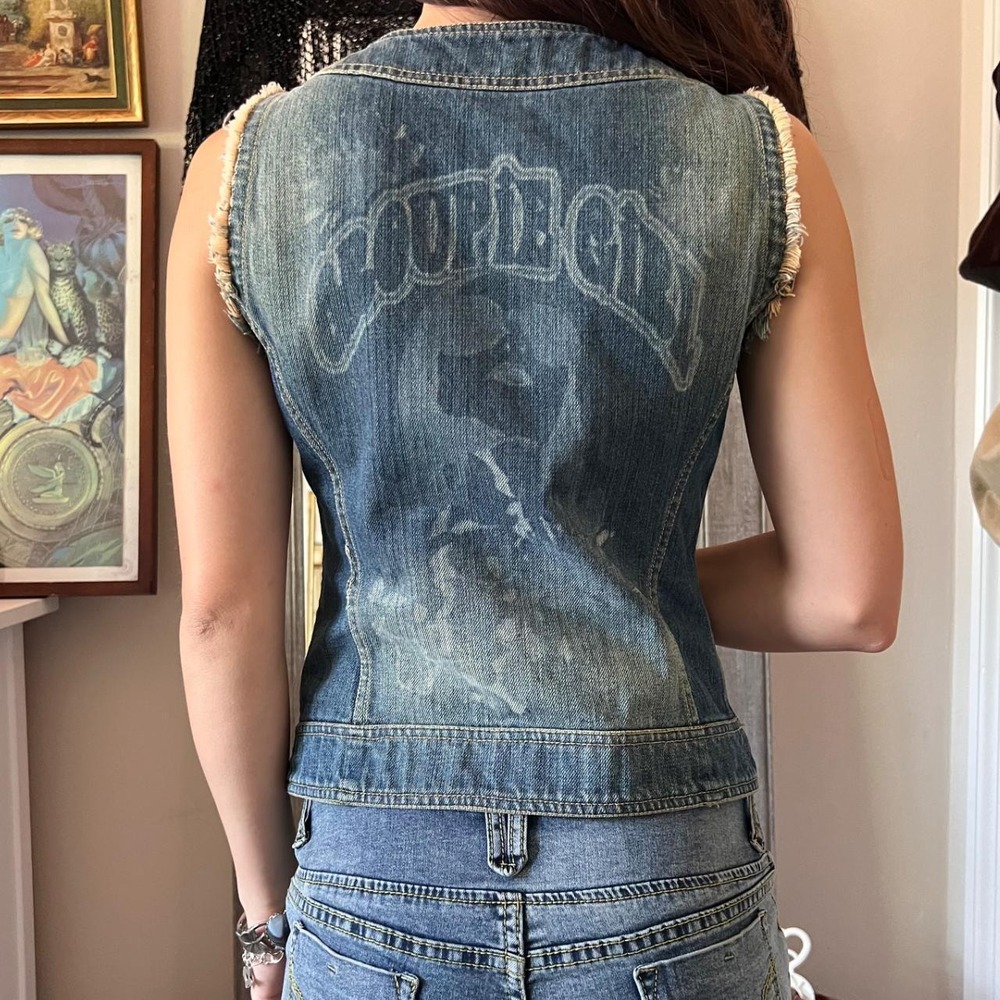 TRF Denim Y2K Groupie Girl Graphic Denim Vest Blue Hook Eye Closure Medium